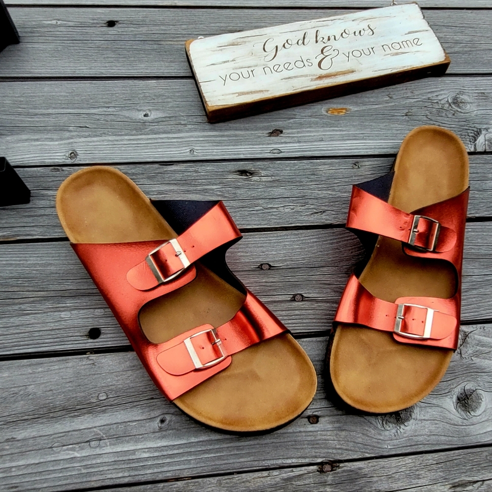 Metallic Red Two Band Sandals - Picture 4 of 9